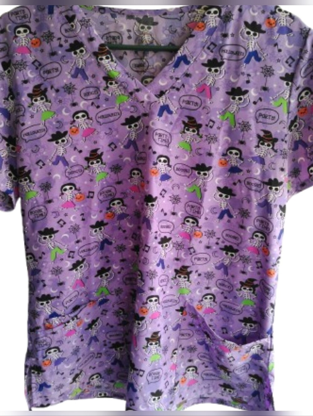 Purple Halloween Skeleton Print Medical Scrub Top